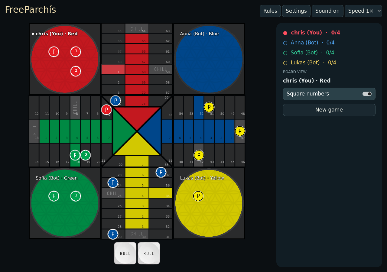 FreeParchís gameplay showing the dynamically numbered board, pawns, player roster, and dice below the board.